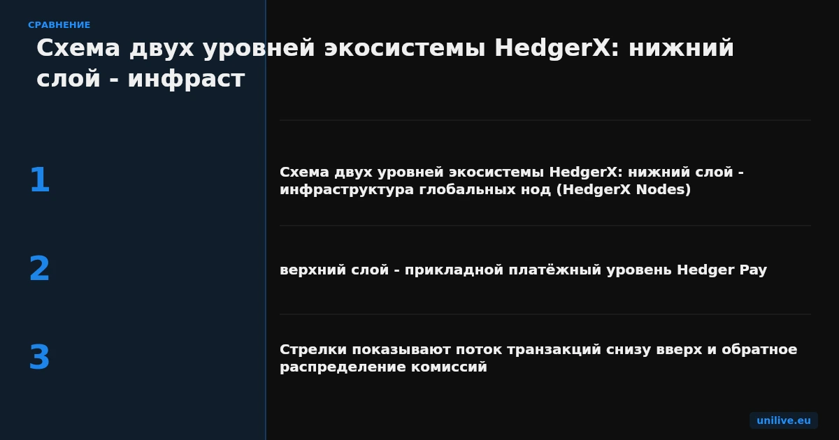 Схема двух уровней экосистемы HedgerX: нижний слой - инфраструктура глобальных нод (HedgerX Nodes), верхний слой - прикладной платёжный уровень Hedger Pay. Стрелки показывают поток транзакций снизу вверх и обратное распределение комиссий.