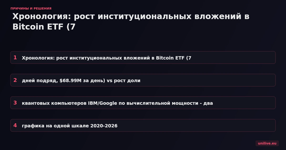 Хронология: рост институциональных вложений в Bitcoin ETF (7 дней подряд, $68.99M за день) vs рост доли квантовых компьютеров IBM/Google по вычислительной мощности - два графика на одной шкале 2020-2026