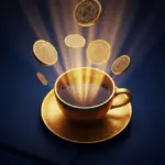 Золотая кофейная чашка с токенами — символ запуска Coffee Break Golden Connect