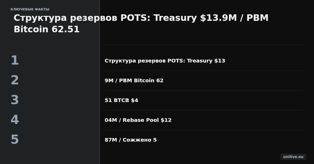 Структура резервов POTS: Treasury $13.9M / PBM Bitcoin 62.51 BTCB $4.04M / Rebase Pool $12.87M / Сожжено 5.27M POTS - визуализация в виде диаграммы с процентным соотношением
