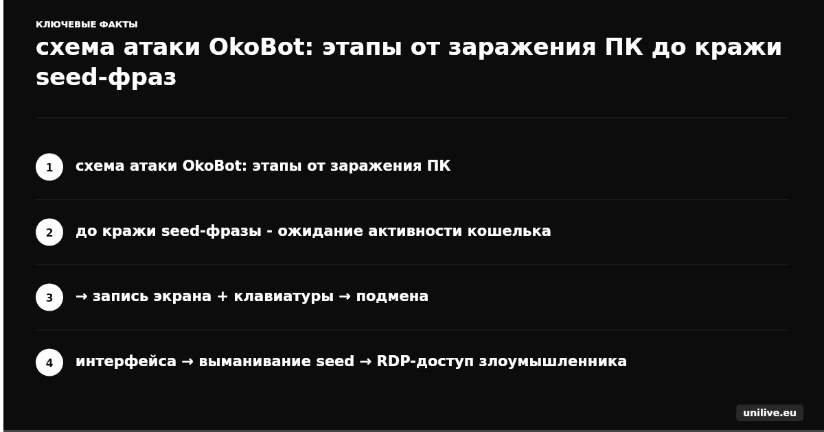 схема атаки OkoBot: этапы от заражения ПК до кражи seed-фразы - ожидание активности кошелька → запись экрана + клавиатуры → подмена интерфейса → выманивание seed → RDP-доступ злоумышленника