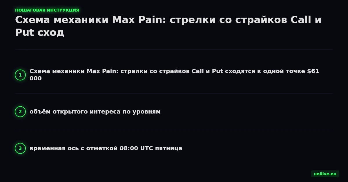Схема механики Max Pain: стрелки со страйков Call и Put сходятся к одной точке $61 000, объём открытого интереса по уровням, временная ось с отметкой 08:00 UTC пятница