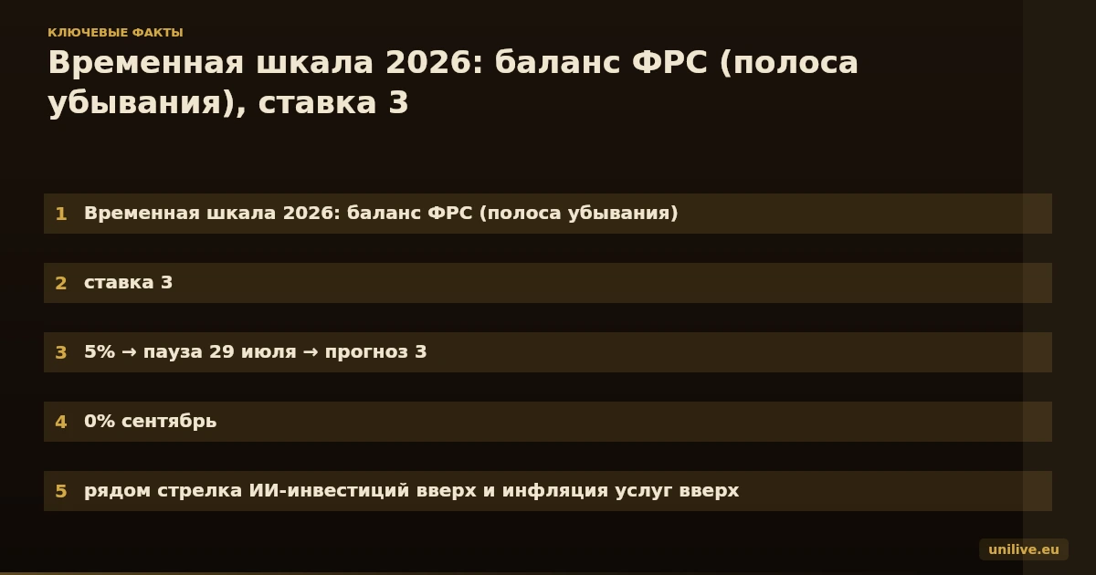 Временная шкала 2026: баланс ФРС (полоса убывания), ставка 3.5% → пауза 29 июля → прогноз 3.75-4.0% сентябрь, рядом стрелка ИИ-инвестиций вверх и инфляция услуг вверх. Цвета: тёмно-синий и красный, минималистичный стиль инфографики финансового издания