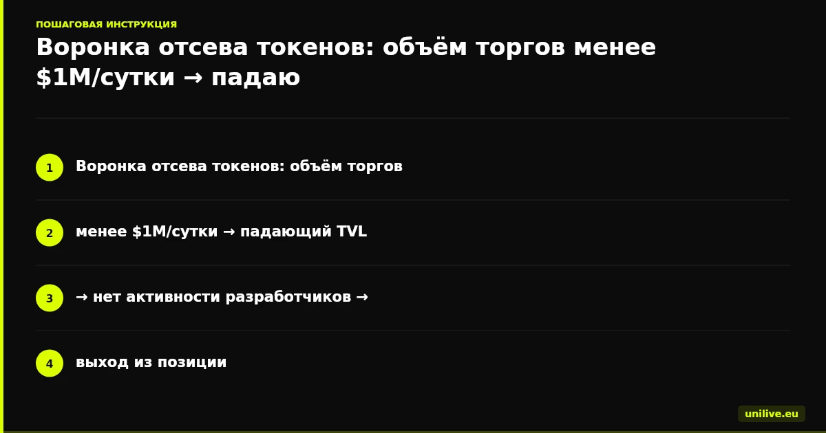 Воронка отсева токенов: объём торгов менее $1M/сутки → падающий TVL → нет активности разработчиков → выход из позиции