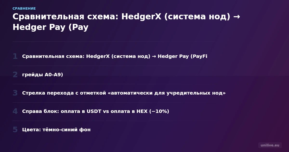 Сравнительная схема: HedgerX (система нод) → Hedger Pay (PayFi, грейды A0-A9). Стрелка перехода с отметкой «автоматически для учредительных нод». Справа блок: оплата в USDT vs оплата в HEX (−10%). Цвета: тёмно-синий фон, золотые акценты.