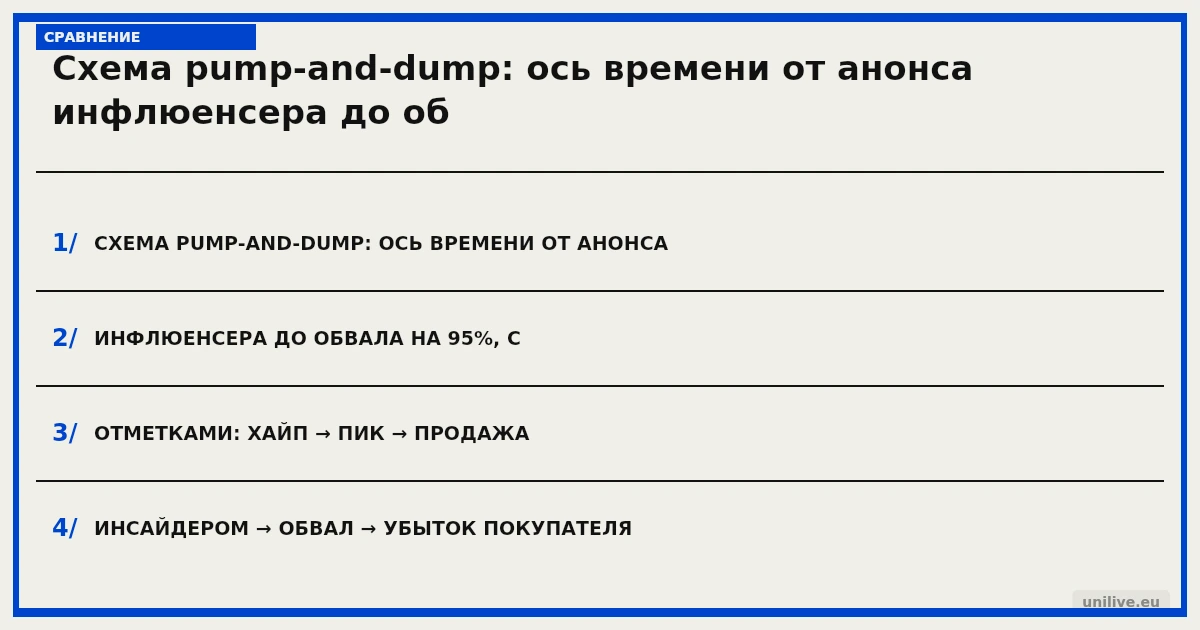 Схема pump-and-dump: ось времени от анонса инфлюенсера до обвала на 95%, с отметками: хайп → пик → продажа инсайдером → обвал → убыток покупателя
