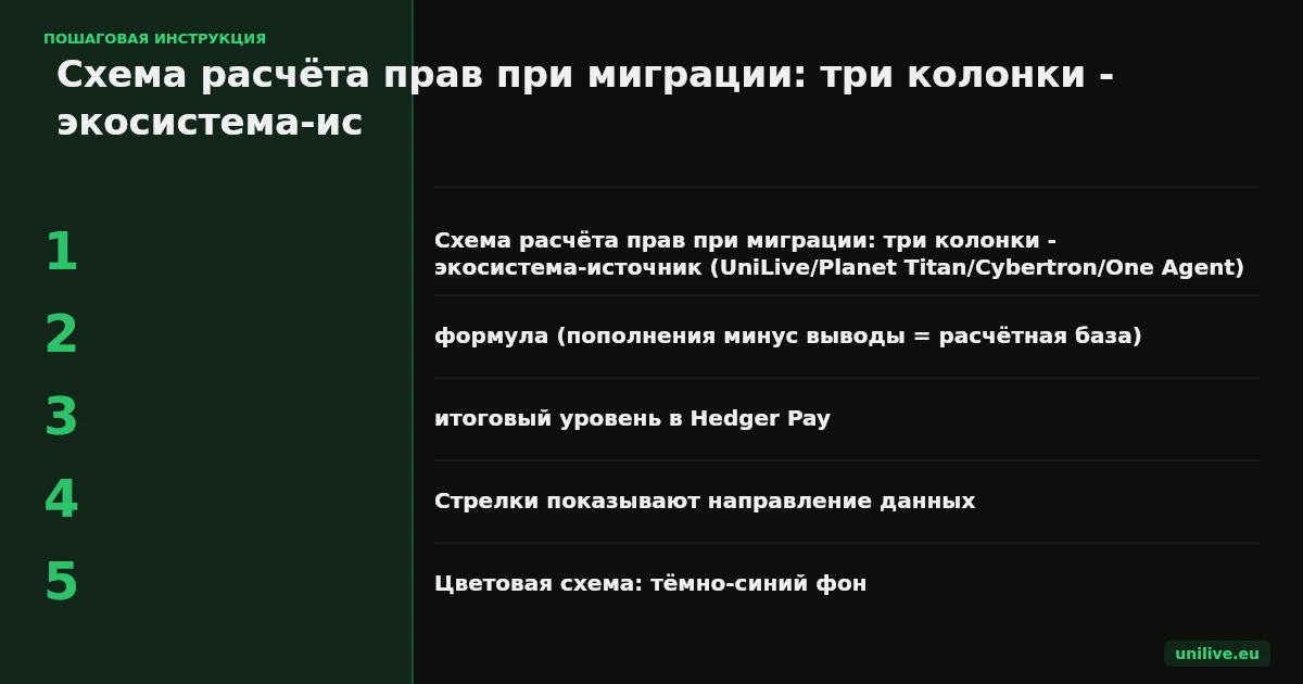 Схема расчёта прав при миграции: три колонки - экосистема-источник (UniLive/Planet Titan/Cybertron/One Agent), формула (пополнения минус выводы = расчётная база), итоговый уровень в Hedger Pay. Стрелки показывают направление данных. Цветовая схема: тёмно-синий фон, белый текст, акцент оранжевым.