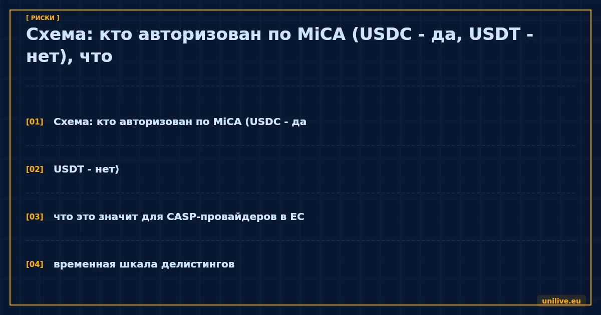 Схема: кто авторизован по MiCA (USDC - да, USDT - нет), что это значит для CASP-провайдеров в ЕС, временная шкала делистингов